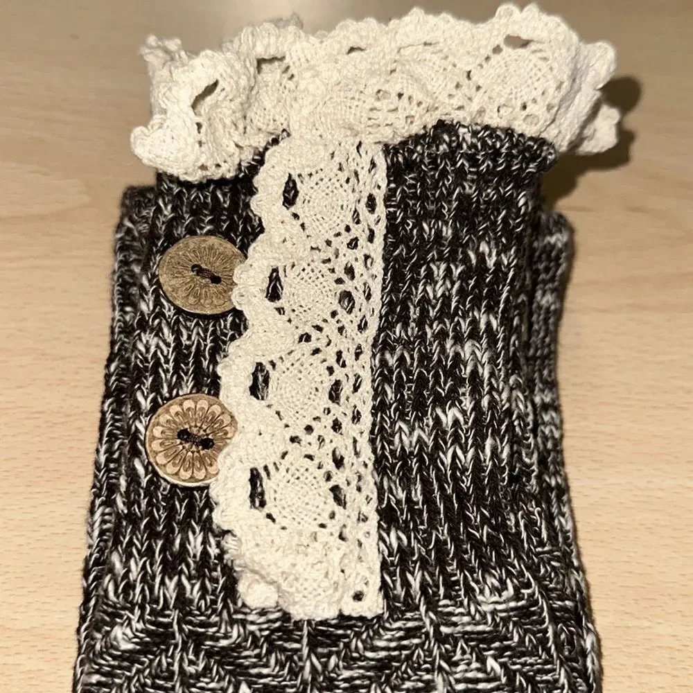 maurices Brown Ivory Crochet Lace Button Trim Cotton Knee High Knit Boot Socks